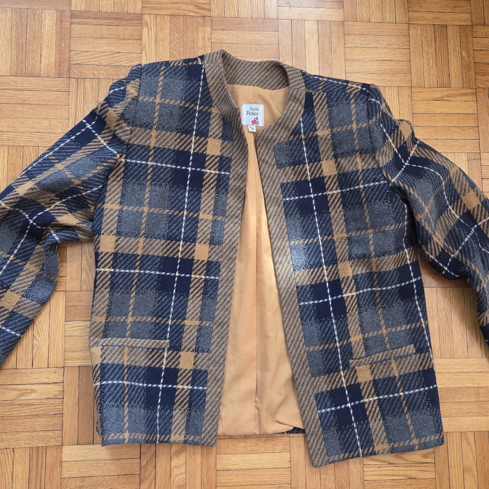 Vintage 80s Women's Navy Blue + Tan Plaid Blazer  | Size 11/12